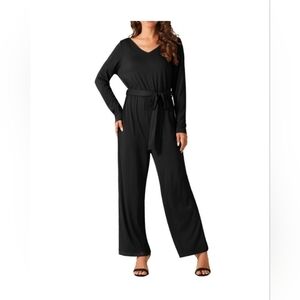 Seta T Women's Long Sleeve V Neck Jumpsuit Belted Back Zipper Stretchy Wide Leg